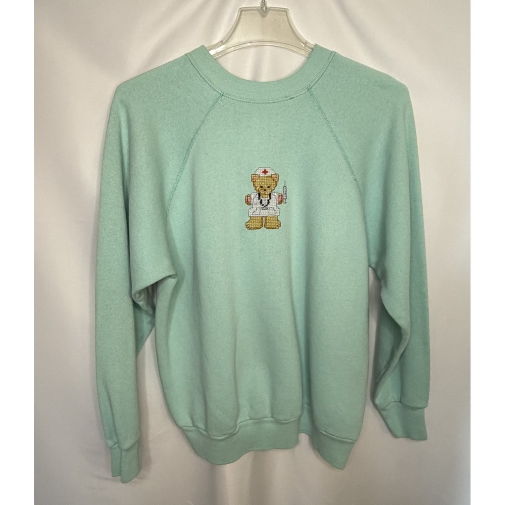 Nurse Sweatshirt Vintage Tultex Teddy Bear Cross-Stitch USA Made 80s 90s Large